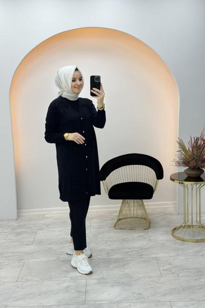 Üç Çiçekli Merserize Hırka Siyah