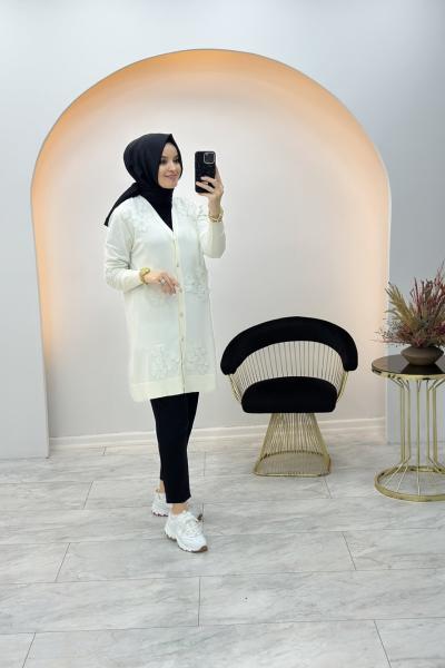 Üç Çiçekli Merserize Hırka Ekru