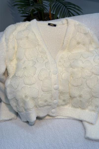 Tüllü Çiçekli Hırka Ekru