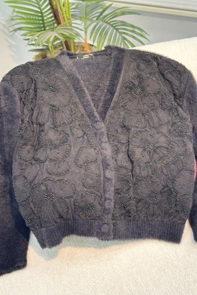 Tüllü Çiçekli Hırka Siyah