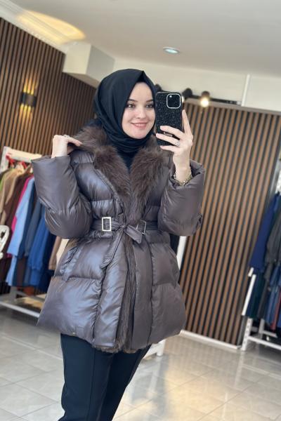 Şişme Kısa Mont Kahverengi