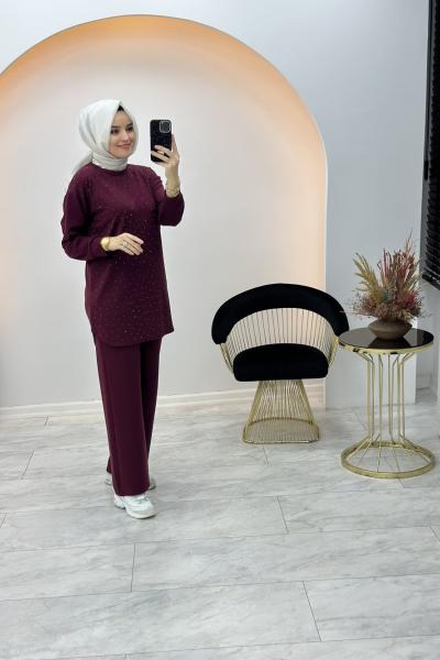 Linda Taşlı Takım Bordo