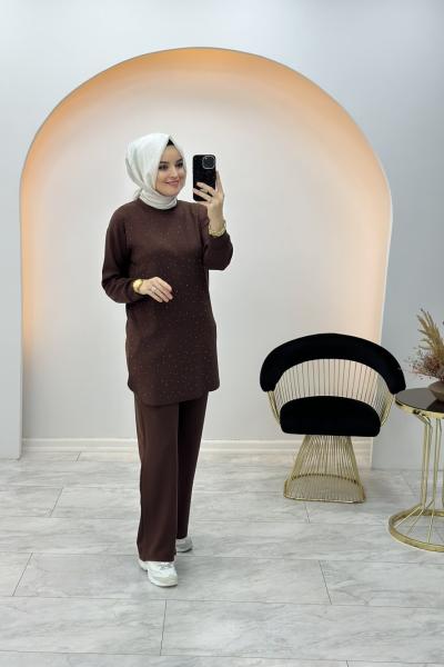 Linda Taşlı Takım Kahverengi