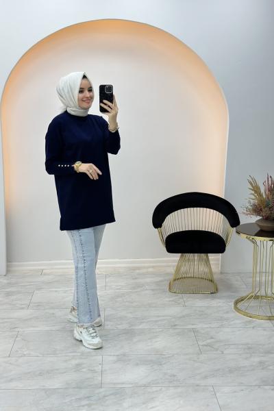 Moon Düğme Detay Tunik Lacivert