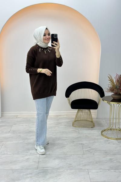 Taş Yaka Yumoş Tunik Kahverengi