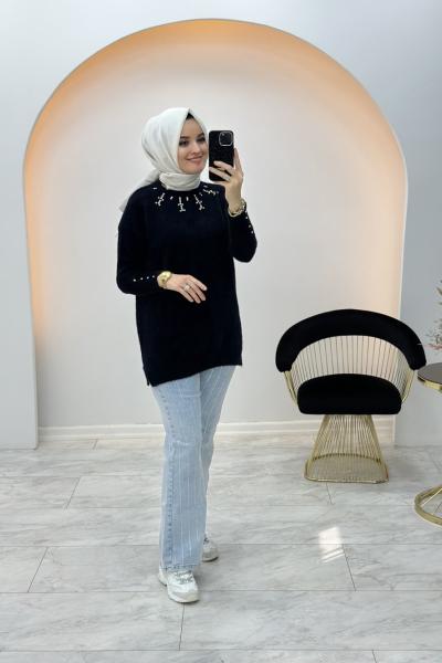 Taş Yaka Yumoş Tunik Siyah