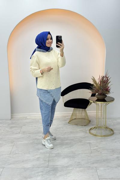 Kot Detaylı İkili Takım Mavi Ekru