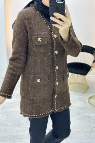 Gold Düğme Detaylı Hırka Kahverengi