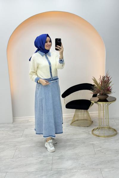 Hüsna Kot Detaylı Etekli Takım Mavi Ekru