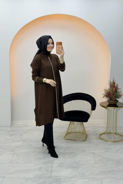 Çizgi Detaylı Panço Tunik Kahverengi