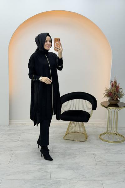 Çizgi Detaylı Panço Tunik Siyah