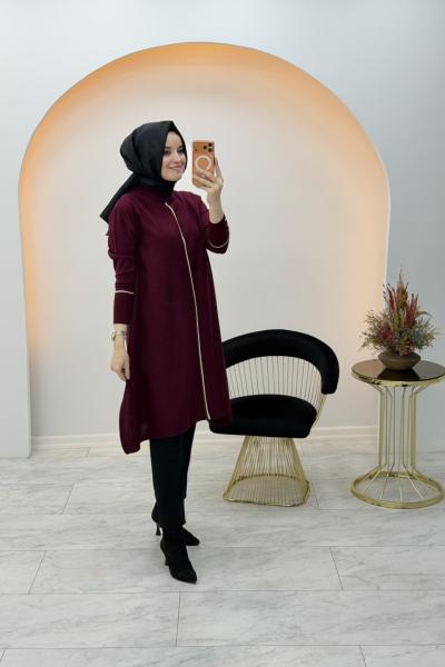 Çizgi Detaylı Panço Tunik Bordo
