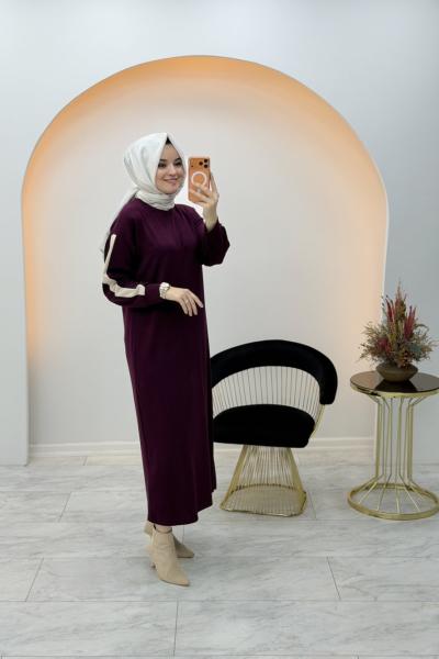 Kampanyalı Spor Şerit Elbise Bordo