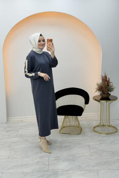 Kampanyalı Spor Şerit Elbise Gri