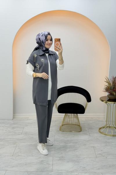 Mor İpek Yelekli Takım Gri