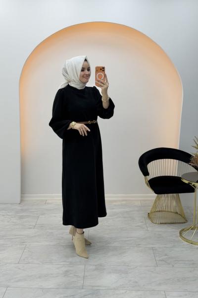 Fitilli Yün Elbise Siyah