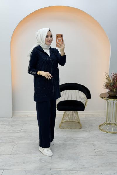 Taş Detaylı Fermuarlı Takım Lacivert