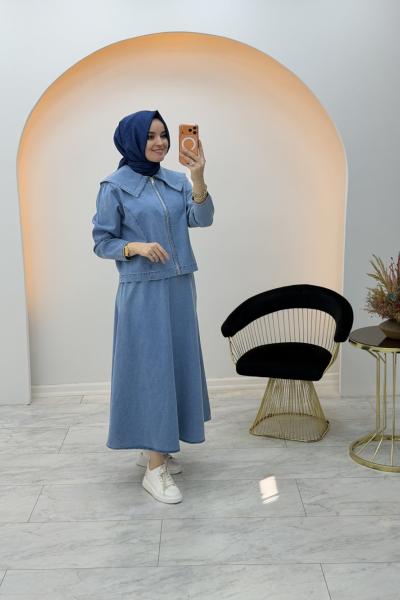 Yaka Detaylı Kot Etekli Takım Mavi