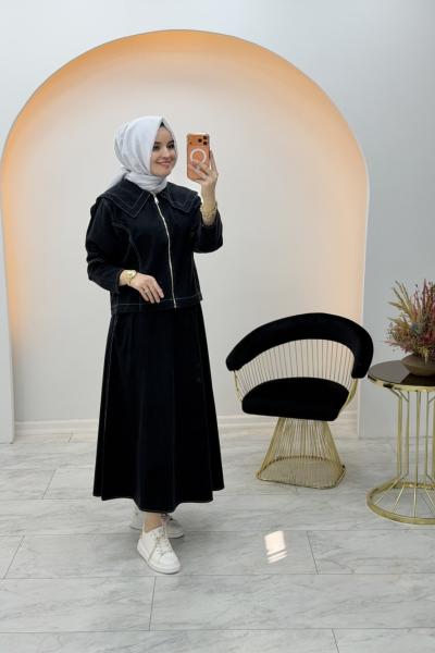 Yaka Detaylı Kot Etekli Takım Siyah