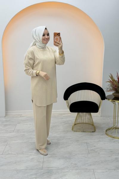 Linda Taşlı Takım Krem