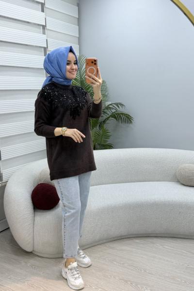 Boncuk Detaylı Yumoş Tunik Kahverengi