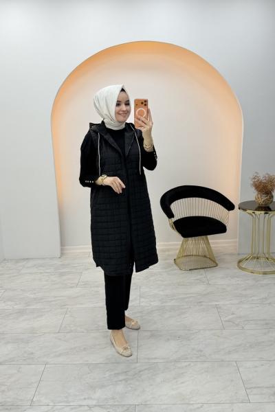 Kapitone Uzun Yelek Siyah