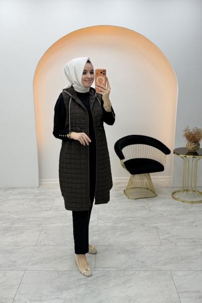 Kapitone Uzun Yelek Kahverengi