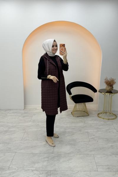 Kapitone Uzun Yelek Mürdüm