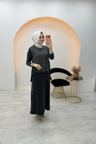 Delfin File Detay Elbise Antrasit