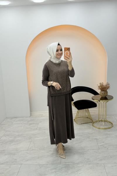 Delfin File Detay Elbise Kahverengi