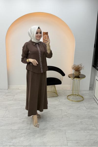 Lavinya Kot Etekli Takım Kahverengi