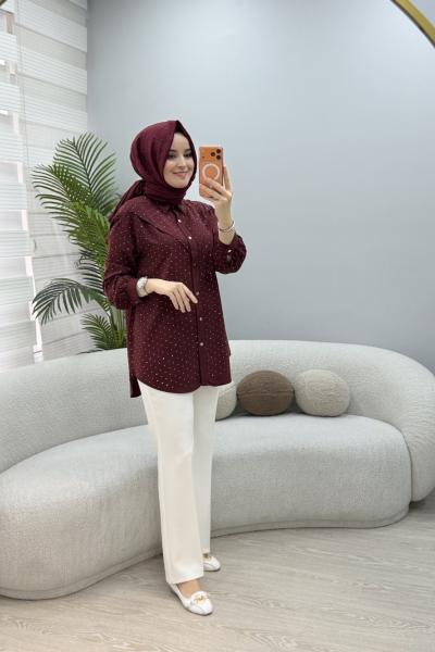 Taşlı Tensel Gömlek Bordo