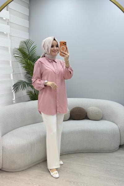 Taşlı Tensel Gömlek Pembe