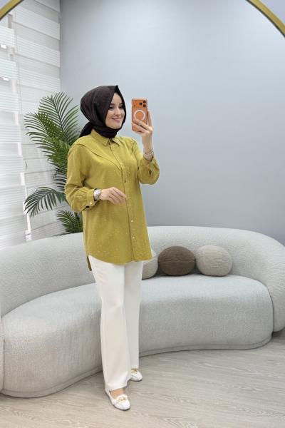 Taşlı Tensel Gömlek Hardal Sarısı