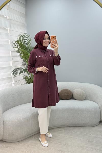 Uzun Tensel Gömlek Bordo