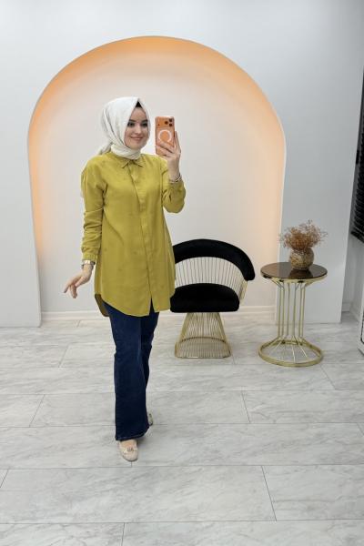 Nakışlı Tensel Gömlek Yağ Yeşili