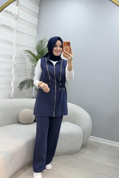 Fermuar Detaylı İkili Yelekli Takım Lacivert