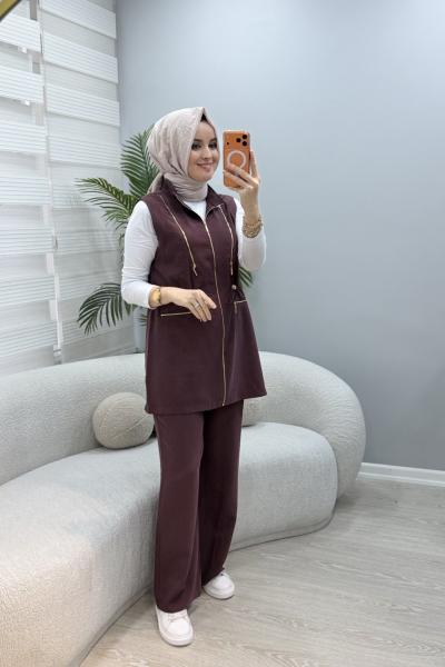 Fermuar Detaylı İkili Yelekli Takım Mürdüm