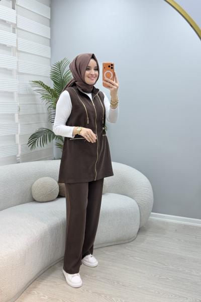 Fermuar Detaylı İkili Yelekli Takım Kahverengi