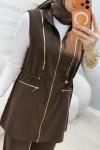 Fermuar Detaylı İkili Yelekli Takım Kahverengi