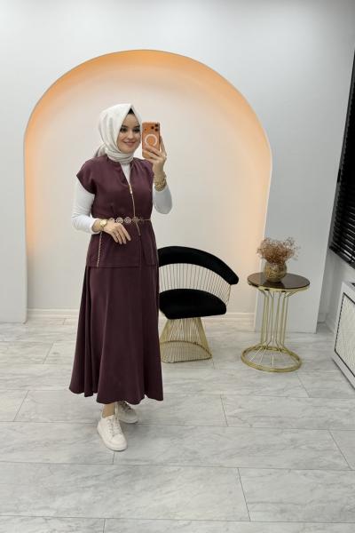 Belgi Yelekli Etekli Takım Mürdüm