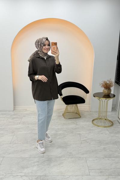 Düz Tensel Gömlek Kahverengi