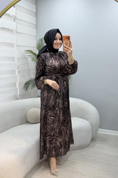 Leopar Desen Şifon Elbise Kahverengi