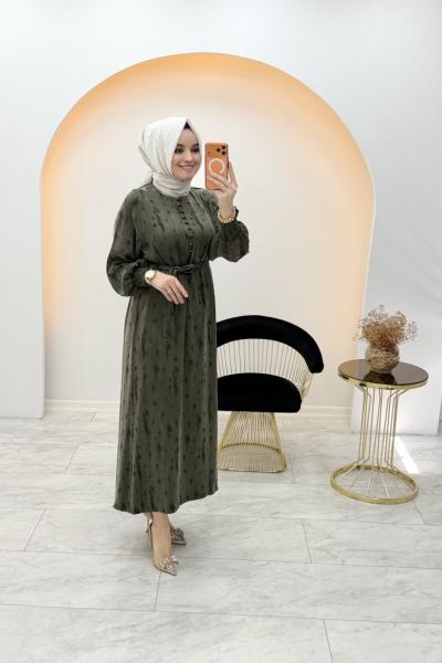 Düğmeli Qupra Elbise Haki