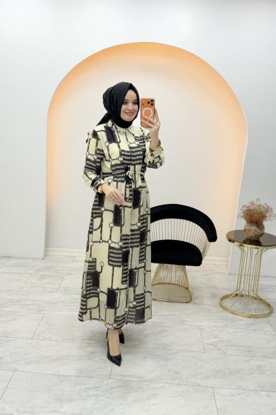 Merwish Keten Elbise Krem