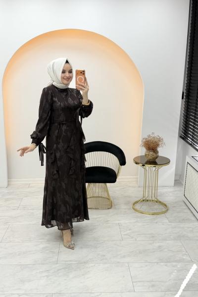 Volanlı Jakar Elbise Kahverengi