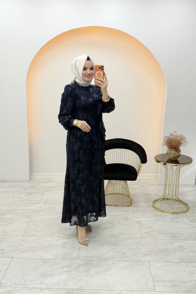 Volanlı Jakar Elbise Lacivert