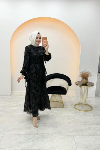 Volanlı Jakar Elbise Siyah