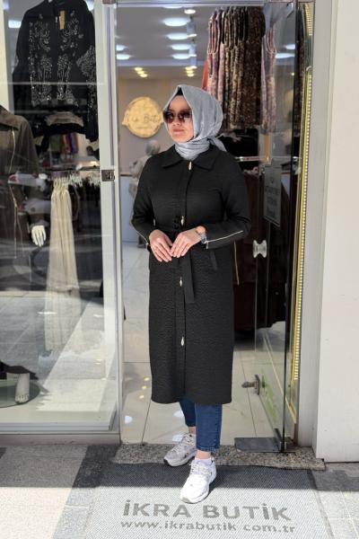 Jakarlı Kabartma Trenç Siyah