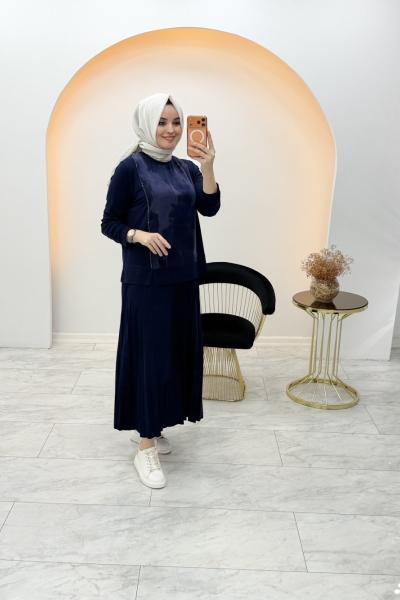 Qupra Detaylı Etekli Takım Lacivert